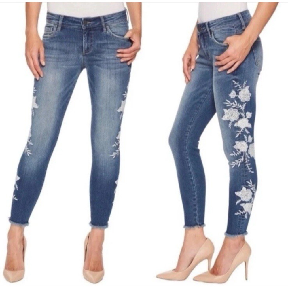 Kut From The Kloth‎ 4 Jeans Connie Ankle Skinny Floral Embroidery Midwash Blue